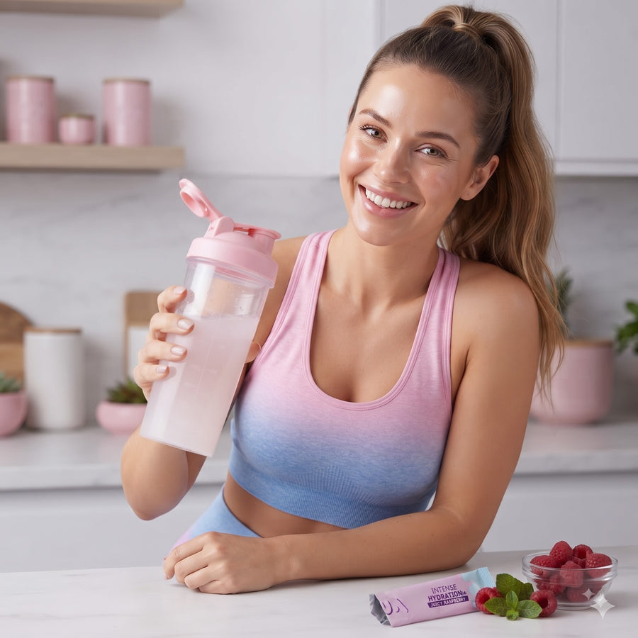 Vrouw drinkt Alua elektrolyten uit de shaker
